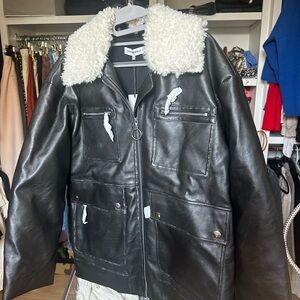 WeWoreWhat Vegan Leather Jacket with White Shearling Sherpa Collar